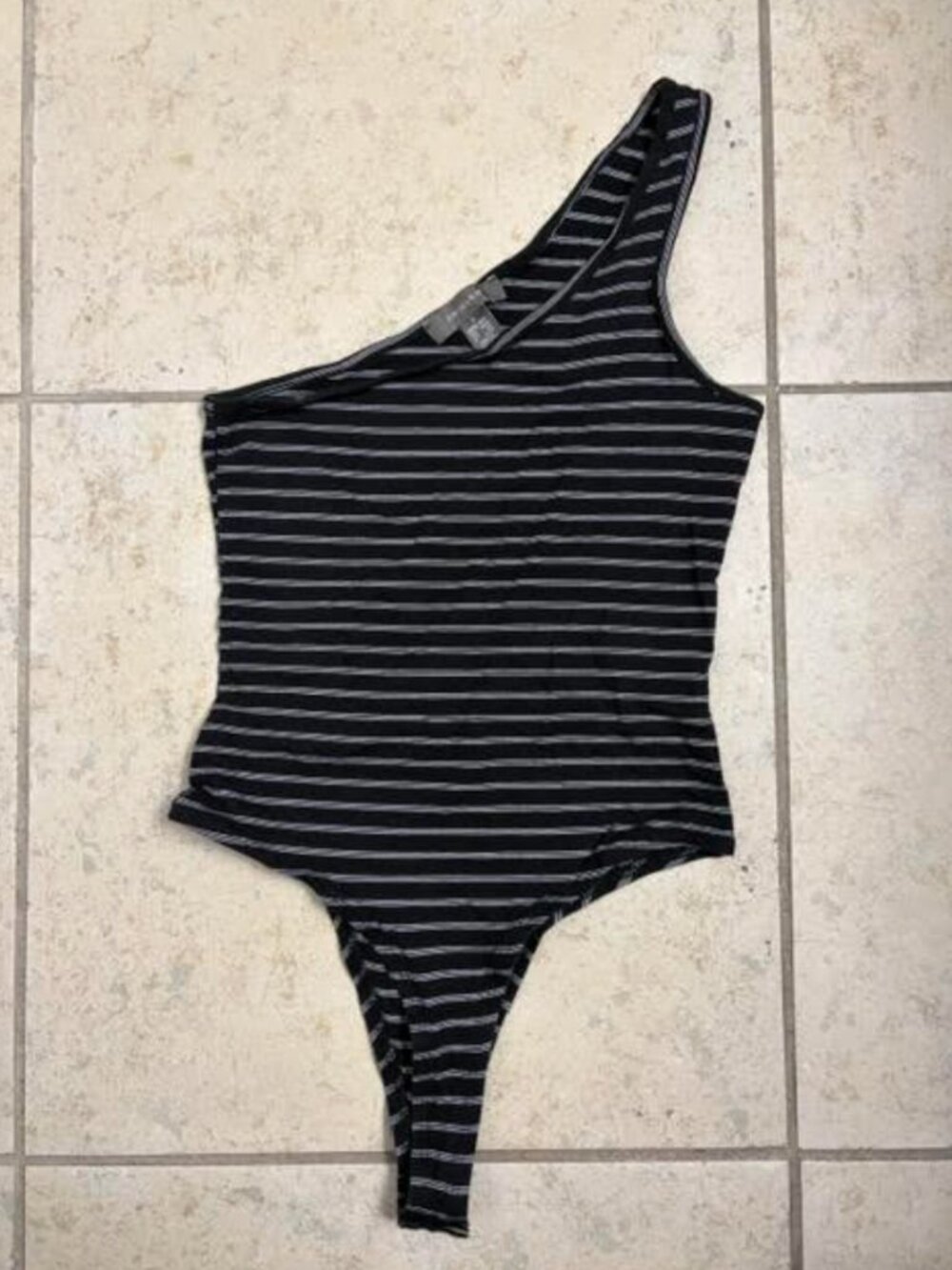 PRIMARK Women's Black White Striped S Bodysuit One-Shoulder Asymmetrical NWOT
